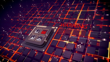 Holographic 3d rendering of CPU squares with playing bar charts and flying dots. Cubic devices are...