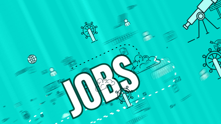 Impressive 3d illustration of a job design composition with various symbols including spyglass, globus, waymark, dancing in the celeste backdrop. Job inscription is put askew.の写真素材