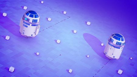 Neoteric 3d illustration of two upstart spherical droids with bright blue windows circling on the...