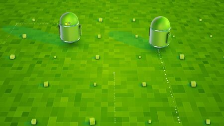 Volumetric 3d illustration of two sphere-shaped droids with yellow windows, sparkling beams standing on the light green surface with square sensors.の写真素材