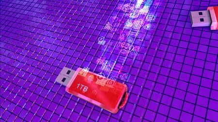 Futuristic 3d illustration of two red flash drives on a violet cyber platform placed aslant and covered with a net of conductors full of passing informationの写真素材