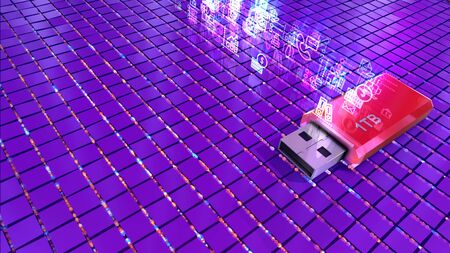 Original 3d illustration of one red flash drive placed on a violet platform and covered with a cobweb of wires and transparent icons and signs.の写真素材