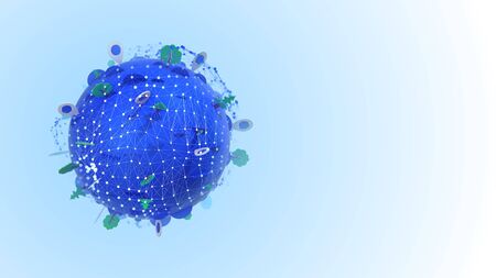 Multidimensional 3d illustration of a blue globe with modules, trees, icons, and a white grid of geolocation points circling in the white background.の写真素材