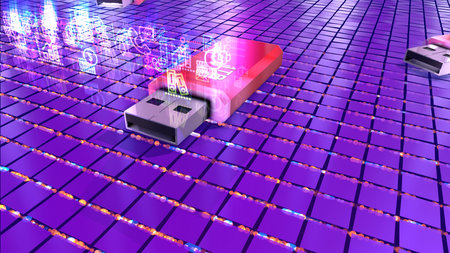 Inventive 3d illustration of three red flash drives lying on a grid platform put diagonally and...
