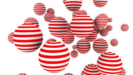 Cheerful3d illustration of a lot of red and white spheres flying in the white background. They look holographic, festive, and psychedelicの写真素材
