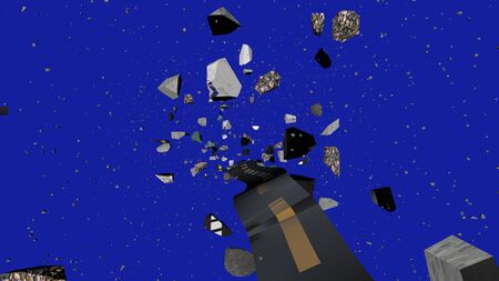 Original 3d rendering of a black coil with a wriggling streak rushing among grey asteroids in dark blue space with tiny stars. It looks mysterious and cheery.の写真素材