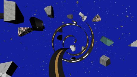 Dynamic 3d illustration of a curvy dark stripe spiraling among grey stones rushing like asteroids in dark blue universe with sparkling stars. It looks arty.の写真素材