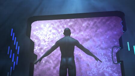 Sci-fi 3d illustration of a future astronaut standind and stretching hands aside at 45 degrees. He looks at plasma space through large square illuminatorの写真素材