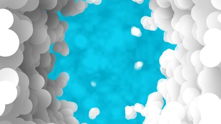 Cheerful 3d illustration of a light blue window in fluffy white and grey clouds. It says that every cloud has its silver lining and looks optimistic.の写真素材