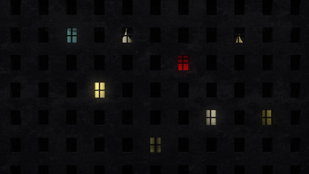 Original 3d rendering of a red window in a dark ghetto multistory building. Several more windows are...