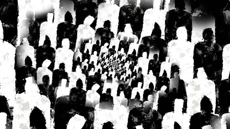 Stunning 3d rendering of circles of common black and white people dressed in raincoats and hoods. They stand together and look hostileの写真素材