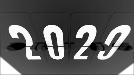 Artistic up down 3d illustration of a black timeflip chart with numbers 2020 put aslant in the white background. It looks classy and cutting edge.の写真素材