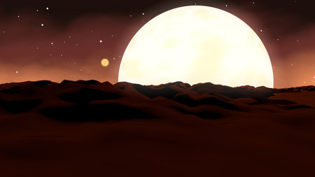 Incredible 3d illustration of Mars with brown sandy dunes, a half of a large blue moon, and a small...