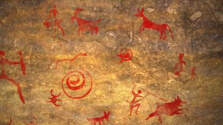 Enigmatic 3d rendering of primitive ancient art on a brown cave wall with people with spears, arrows and bows hunting goats, boars, and snakes.の写真素材