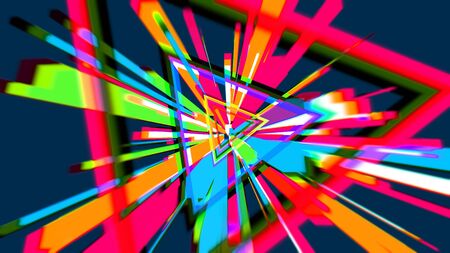 Optimistic 3d rendering of a bright equilateral triangular time portal looking like a jolly cartoon explosion in the blue background. It looks funny and niceの写真素材