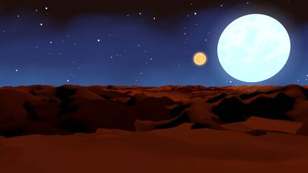 Wonderful 3d illustration of Mars with dark sandy dunes and two moons rotating around it in the dark blue sky full of stars. It looks inspiring and mysteriousの写真素材