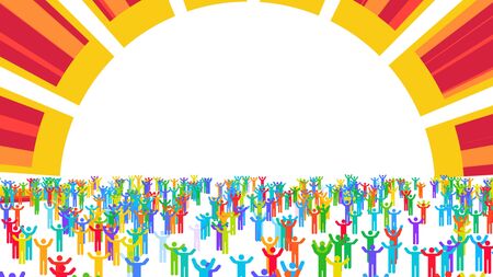 Hilarious 3d rendering of happy colorful people raising hands up and greeting a gigantic red and yellow sun. It looks bright, fine and cheerful.の写真素材