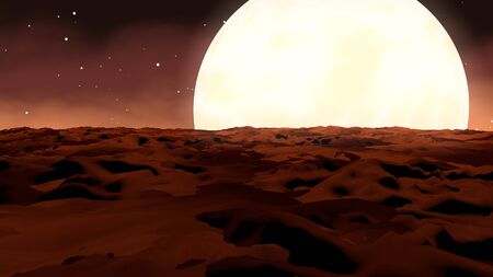 Gorgeous 3d illustration of Mars with dark sandy dunes and one huge moon lighting up the hilly surface in the dark brown sky full of shiny starsの写真素材