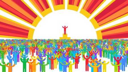 Gorgeous 3d illustration of cheery multicolored people raising hands up and greeting a gigantic red and yellow sun and their leader at pedestal.の写真素材