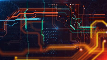 Hi-tech 3d rendering of a current circuit board with orange crisscross lines and black background. It looks technological and breakthroughの写真素材