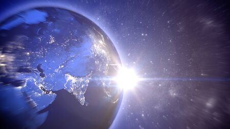 Arty 3d illustration of the globe with all oceans and continents whirling in the space with the luminous Sun at the horizon and vibrant stars.の写真素材