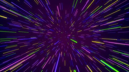 Wonderful 3d illustration of a colorful space portal from straight lines looking like sun rays sparkling cheerfully in the violet backgroundの写真素材
