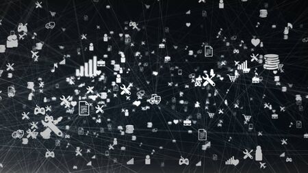 Volumetric 3d illustration of a black cyberspace with many stripes connecting a diversity of social network symbols with texts, trucks and musical notes.の写真素材