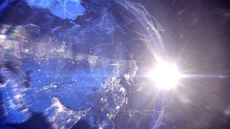 Striking 3d illustration of the spherical world covered with a pentagon and hexagon cobweb from zigzag stripes in the Universe with Sun rays.の写真素材