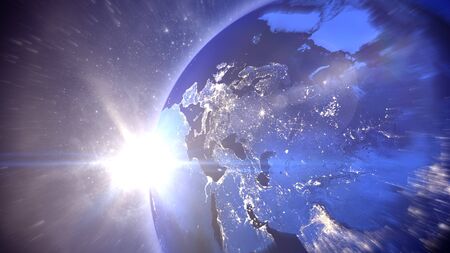 Exciting 3d illustration of the Earth with all seas and continents revolting in the Universe with the shiny Sun at the horizon and spotty stars.の写真素材