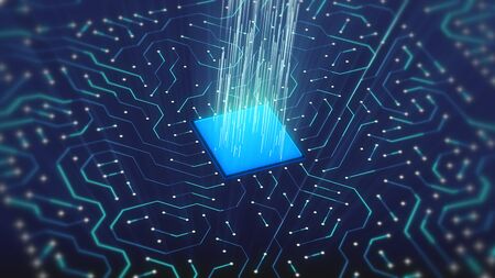 Striking 3d illustration of many lines of square blue microchips with pulsing white rays. They are put aslant on the board with crisscross electronic lines.の写真素材