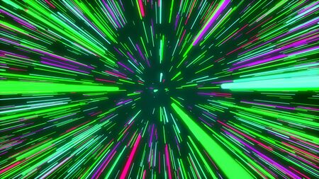 Childish 3d illustration of a multicolored cyber Universe portal from rainbow straight stripes looking like sun rays beaming cheery in the marine space.の写真素材