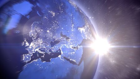 3d illustration of the world with all oceans and continents turning in the space with the shiny cities and sparkling Sun at the horizon and stars.の写真素材