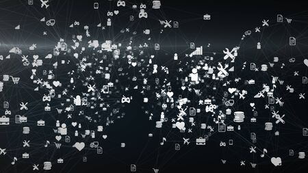 Wonderful 3d illustration of many social network symbols and signs with trucks, smartphones, videogames, bar charts, coins in the black background.の写真素材