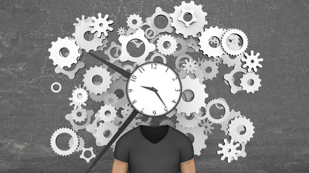 Original 3d illustration of blow your mind clock imposed on many cogwheels and a headless man in...