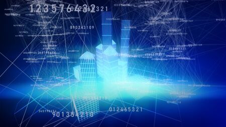 Abstract buildings and Plexus connections with some digital datas in the blue background. 3d illustration.の写真素材