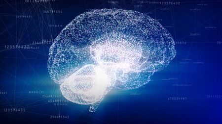 3d rendering of Human brain from triangles, points and faces characterized ai(artificial intelligence) with some digital numbers connected each other by lines nearby.の写真素材