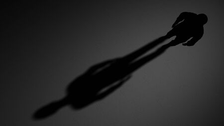 Silhouette of a man and him shadow on a concrete floor. A dark background. Mystery animation. 3d illustration.の写真素材