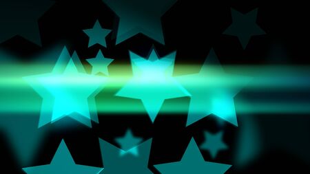 Star-shaped bokeh with glow and glitter on the black background. Holiday or business or vacation backdrop. 2d illustration.の写真素材