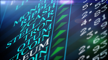 Closeup of Positive Cryptocurrency market rank. Bitcoin, Ethereum, Litecoin, Ripple, etc. A cryptocurrency is a digital or virtual currency that uses cryptography for security.の写真素材