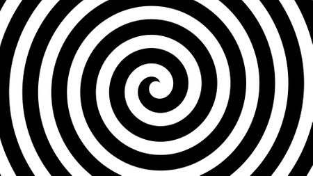 2d Illustration of Hypnosis Spiral, concept for hypnosis, unconscious, chaos, extrasensory perception, psychic, stress, strain, optical illusion, headache, migraine. Black and white.の写真素材
