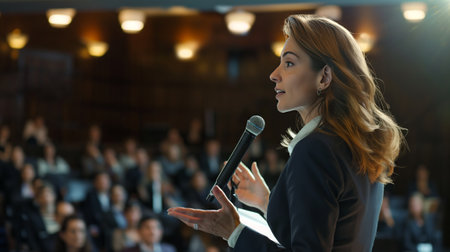 Confident businesswoman leader delivering a corporate presentation at a conference. Hyper-realistic.の素材