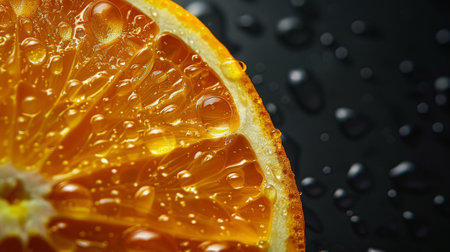 A macro shot capturing the vibrant texture and water drops on a fresh orange slice against a dark background. Hyper-realistic.の素材