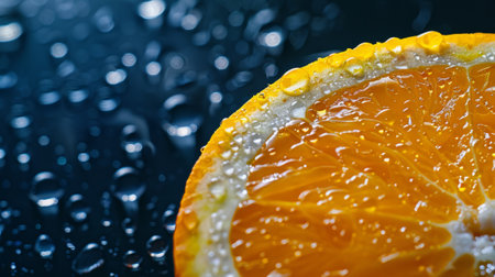 A macro commercial shot captures the vibrant texture and water drops on a fresh orange slice against a dark background. Hyper-realistic.の素材