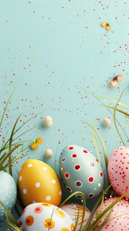 Easter card featuring colorful eggs in soft hues, creating a festive atmosphere. Perfect for Easter celebrations. Hyper-realistic design.の素材