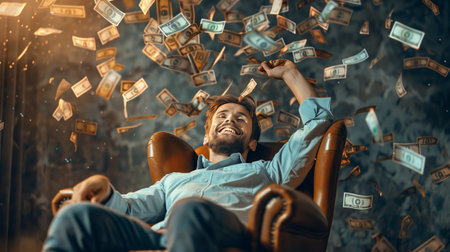 Lottery jackpot winner, rich man sits in a chair with a big smile under a rain of money.の素材