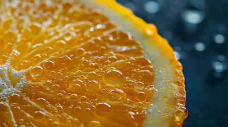 A macro commercial shot captures the vibrant texture and water droplets on a fresh orange slice against a dark background. Hyper-realistic.の素材