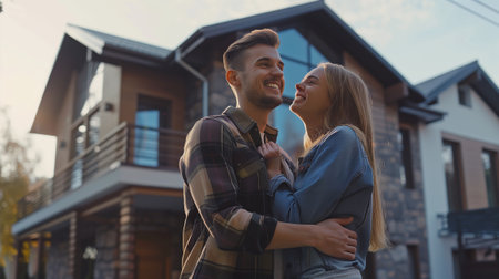 A cheerful young couple stands smiling in front of their new, spacious modern house. Hands concealed. Highly realistic.の素材