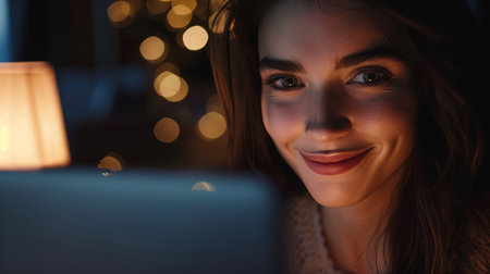 Close-up portrait of a young, beautiful woman smiling as she works on her laptop in the office. Hyper-realistic.の素材