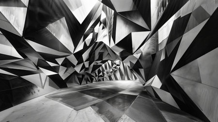 An abstract ceiling with black and white geometric shapes, styled with emotive distortions, layered landscapes, and touches of psychedelic, topographical realism.の素材