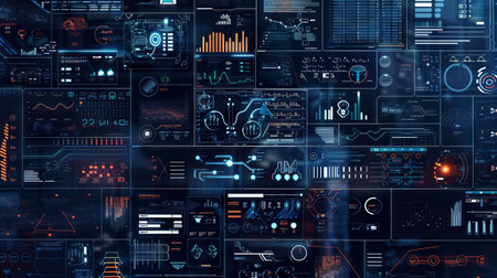 Futuristic business tools collage on a dark blue background.""の素材
